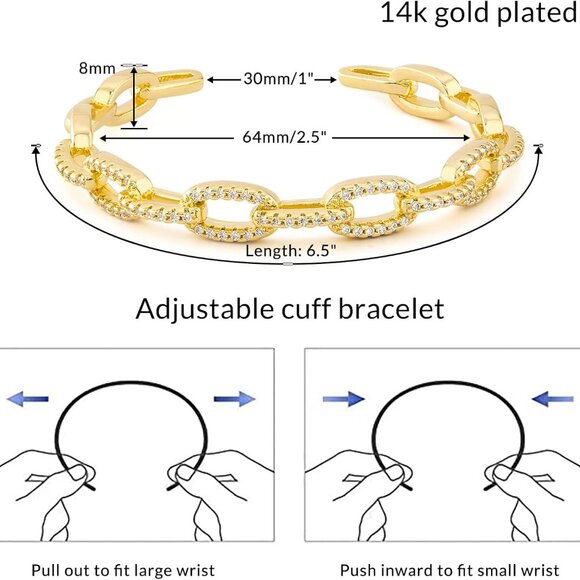 Gold Cuff Bangle Bracelets for Women, 14K Gold Plated Adjustable Open Cuff Brace - Picture 6 of 7